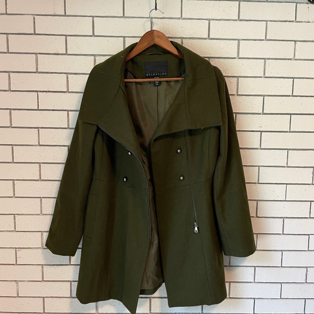 Attention Olive Green Double Breasted Asymmetric Zip Funnel Neck Coat Medium